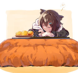 Rule 34 | 1girl, animal ear fluff, animal ears, brown background, brown hair, brown jacket, cat ears, closed eyes, closed mouth, commentary request, fish hair ornament, food, fruit, fumino tamaki, hair between eyes, hair ornament, jacket, kotatsu, lamb (hitsujiniku), light smile, long sleeves, mandarin orange, nijisanji, solo, squeans, table, two-tone background, virtual youtuber, white background