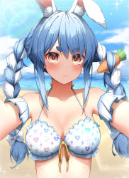 Rule 34 | 1girl, absurdres, animal ear fluff, animal ears, beach, bikini, blue hair, blush, braid, breasts, brown eyes, carrot hair ornament, closed mouth, day, detached sleeves, food-themed hair ornament, frilled bikini, frills, hair ornament, halterneck, highres, hololive, long hair, looking at viewer, medium breasts, multicolored hair, outdoors, outstretched arms, pepushi drow, rabbit ears, rabbit girl, selfie, short eyebrows, solo, swimsuit, thick eyebrows, twin braids, twintails, two-tone hair, upper body, usada pekora, virtual youtuber, white bikini, white hair