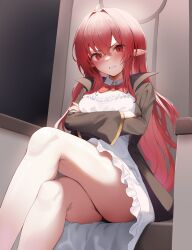 Rule 34 | 1girl, absurdres, ahoge, black panties, bow, brown jacket, chair, character request, clenched teeth, commentary request, copyright request, crossed arms, crossed legs, dress, frilled dress, frills, grimace, hair between eyes, hair intakes, highres, jacket, long hair, long sleeves, on chair, open clothes, open jacket, panties, pharamacom, pointy ears, red bow, red hair, sitting, solo, teeth, underwear, very long hair, white dress