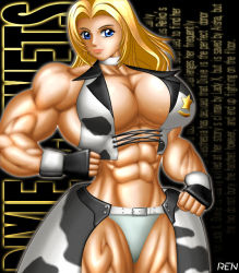 Rule 34 | 1girl, abs, bikini, blonde hair, blue eyes, breasts, chaps, dixie clemets, extreme muscles, female focus, large breasts, muscular, ren (tainca2000), rumble roses, solo, swimsuit