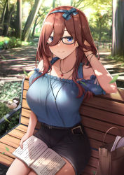 Rule 34 | 1girl, absurdres, bag, belt, bench, bespectacled, bird, blouse, blue eyes, blue shirt, blush, book, bow, bracelet, breasts, brown hair, cellphone, closed mouth, denim, denim shorts, earphones, frills, glasses, go-toubun no hanayome, hair between eyes, hair bow, hand in own hair, handbag, highres, jewelry, kannko bokujou, large breasts, leaf, long hair, nakano miku, necklace, outdoors, park, park bench, phone, shirt, shorts, sitting, smartphone, smile, solo, sparrow, straight hair, thighs, trail, tree