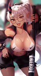 Rule 34 | 1girl, bent over, bikini, bikini top only, breasts, commentary, commission, dark-skinned female, dark skin, dayshiart, english commentary, fangs, glasses, hand on own hip, highres, horns, large breasts, long hair, looking at viewer, midriff, navel, nike (company), original, pointy ears, red eyes, side ponytail, single horn, solo, swimsuit, tongue, tongue out, white bikini, white hair