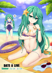 Rule 34 | absurdres, alternate form, barefoot, beach, bikini, breasts, cloud, date a live, green eyes, green hair, highres, innertube, large breasts, light, long hair, looking at viewer, mountainous horizon, natsumi (date a live), navel, neps-l, ocean, one-piece swimsuit, outdoors, purple bikini, sand, sitting, squiggle, summer, sunglasses, swim ring, swimsuit, tongue, tongue out, v-shaped eyebrows, wariza, water