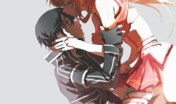 Rule 34 | 1boy, 1girl, absurdres, asuna (sao), black hair, brown hair, fingerless gloves, gloves, grey background, highres, ji yuyun, kirito, kiss, kissing forehead, long sleeves, looking at another, open mouth, simple background, skirt, sword art online