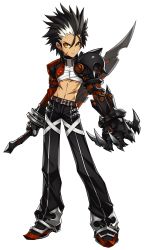 Rule 34 | 1boy, absurdres, armor, artist request, belt, black armor, black hair, black pants, claws, closed mouth, elsword, expressionless, full body, highres, holding, holding sword, holding weapon, looking at viewer, male focus, mechanical arms, multicolored hair, official art, orange eyes, over taker (elsword), pants, raven cronwell, reverse grip, scar, shoes, single mechanical arm, solo, spiked hair, standing, sword, transparent background, two-tone hair, weapon, white hair