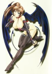 Rule 34 | 00s, 1girl, bent over, bible black, black thighhighs, blue eyes, bottomless, breasts, brown hair, collar, corruption, corset, demon girl, demon tail, demon wings, detached sleeves, feet, finger to mouth, gloves, hair bobbles, hair ornament, imari kurumi, long hair, nipples, no shoes, ponytail, side ponytail, soles, solo, tail, thighhighs, toe-point, wings, yoshiten