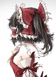 Rule 34 | 1girl, absurdres, bare shoulders, black hair, bow, breasts, detached sleeves, facing away, frilled hair tubes, frills, from behind, hair bow, hair tubes, hakurei reimu, highres, japanese clothes, medium hair, nontraditional miko, ougiikun, red bow, ribbon-trimmed sleeves, ribbon trim, shirt, sideboob, sidelocks, simple background, sleeveless, sleeveless shirt, small breasts, solo, touhou, white background, white sleeves