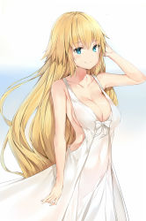 Rule 34 | 1girl, arm up, backless outfit, bare shoulders, blonde hair, blue eyes, breasts, casual, cleavage, closed mouth, collarbone, dress, fate/apocrypha, fate/grand order, fate (series), highres, jeanne d&#039;arc (fate), jeanne d&#039;arc (ruler) (fate), large breasts, light smile, long hair, looking at viewer, silver (chenwen), smile, solo, white dress