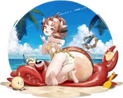 Rule 34 | 1girl, :d, ahoge, animal print, anklet, ass, azur lane, bare shoulders, barefoot, beach, bikini, bird, bird print, blue sky, blush, braid, brown eyes, brown hair, chick, cloud, day, dragon girl, dragon horns, dragon tail, fang, feet, flat chest, frilled bikini, frills, from behind, hair ribbon, highres, hiranuma (azur lane), horns, index finger raised, inflatable crab, izuru (timbermetal), jewelry, kneeling, legs, long hair, looking at viewer, looking back, manjuu (azur lane), nail polish, natori (azur lane), natori (beach paradise) (azur lane), ocean, official alternate costume, official art, open mouth, outdoors, palm leaf, palm tree, parted bangs, pointy ears, ponytail, red nails, ribbon, sand, sky, smile, smug, soles, solo focus, swimsuit, tail, thighs, toes, tree, v-shaped eyebrows, water, white ribbon