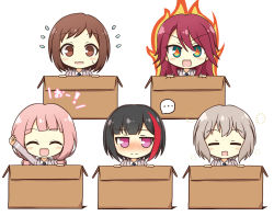 Rule 34 | ..., 5girls, :d, = =, ^ ^, afterglow (bang dream!), aoba moca, aqua eyes, arm up, bang dream!, black hair, blazer, blue neckwear, blush, blush stickers, bob cut, box, brown eyes, brown hair, cardboard box, clenched hand, closed eyes, closed mouth, commentary request, fire, flying sweatdrops, grey hair, grey jacket, hair between eyes, haneoka school uniform, hazawa tsugumi, highres, in box, in container, jacket, jitome, long hair, long sleeves, looking at viewer, looking away, low twintails, mitake ran, multicolored hair, multiple girls, necktie, nose blush, open mouth, pink hair, purple eyes, red hair, school uniform, shirt, short hair, sidelocks, simple background, smile, spoken ellipsis, streaked hair, striped neckwear, sweatdrop, symbol-shaped pupils, teen (teen629), twintails, udagawa tomoe, uehara himari, upper body, wavy mouth, white background, white shirt, |d