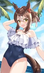 Rule 34 | animal ears, arm up, blush, breasts, brown hair, casual one-piece swimsuit, cloud, commentary request, covered navel, fine motion (umamusume), folded ponytail, green eyes, hair between eyes, hair ornament, highres, horse ears, horse girl, horse tail, kumakotoy, looking at viewer, ocean, one-piece swimsuit, palm tree, sky, small breasts, swimsuit, tail, tree, umamusume