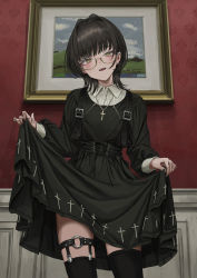 Rule 34 | 1girl, :d, black hair, black nails, black shirt, black skirt, black thighhighs, blush, buckle, commentary request, cowboy shot, cross, cross print, drawing (object), ear piercing, gishiki (gshk), glasses, goth fashion, hair intakes, high-waist skirt, highres, indoors, looking at viewer, nail polish, open mouth, original, painting (object), picture frame, piercing, print skirt, rosary, round eyewear, semi-rimless eyewear, shirt, short hair, skirt, skirt hold, smile, solo, thighhighs, under-rim eyewear, wallpaper (object), yellow-framed eyewear, yellow eyes, zipper, zipper pull tab