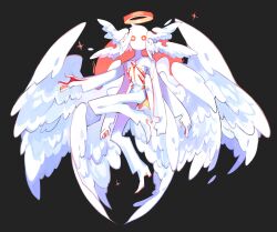 Rule 34 | 1other, ambiguous gender, angel, black background, collarbone, colored skin, feathered wings, firebay, full body, halo, high heels, highres, long sleeves, looking at viewer, multiple wings, original, red background, red skin, solo, sparkle, white footwear, white skin, wings