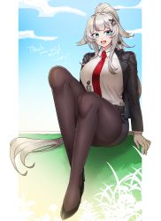 Rule 34 | 1boy, 1girl, arm behind back, black footwear, black jacket, black pantyhose, black skirt, blue eyes, blush, breasts, c14 (girls&#039; frontline), c14 (new staff) (girls&#039; frontline), commission, formal, full body, giant, giantess, girls&#039; frontline, gloves, grey hair, hair ornament, hairclip, hamham 121, highres, jacket, large breasts, legs, long hair, long sleeves, looking at viewer, necktie, office lady, official alternate costume, official style, open clothes, open jacket, open mouth, pantyhose, ponytail, red necktie, shirt, simple background, sitting, skeb commission, skirt, smile, suit, thighs, white gloves, white shirt