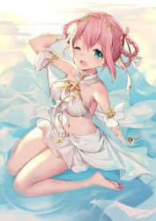 Rule 34 | 1girl, :d, aqua eyes, arms behind back, bare legs, barefoot, bison cangshu, breasts, bridal gauntlets, chinese commentary, commentary request, from above, full body, hair rings, highres, large breasts, looking at another, navel, open mouth, pink hair, princess connect!, revealing clothes, short hair, sitting, skirt, smile, solo, stomach, white skirt, yui (ceremonial) (princess connect!), yui (princess connect!)