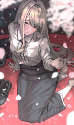 Rule 34 | 1girl, barefoot, black footwear, black skirt, blurry, blurry foreground, breasts, cherry blossoms, day, grey hair, hair over one eye, highres, long hair, long sleeves, looking at viewer, medium breasts, mi2mi2 minmi, original, outdoors, petals, shirt, shoes, unworn shoes, sitting, skirt, solo, white shirt