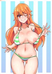 Rule 34 | &gt;:), 1girl, ;), arm tattoo, bebatch, bikini, bikini pull, breasts, breasts apart, c:, closed mouth, clothes pull, collarbone, diagonal stripes, flashing, gluteal fold, groin, hair between eyes, head tilt, highres, large breasts, long hair, looking at viewer, nami (one piece), navel, nipple slip, nipples, one eye closed, one piece, orange eyes, orange hair, pulled by self, seductive smile, shiny skin, skindentation, smile, solo, stomach, striped, striped background, sweat, swimsuit, tattoo, thigh gap, v-shaped eyebrows, very long hair