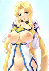 Rule 34 | 1girl, 846-gou, bad id, bad pixiv id, blonde hair, blue eyes, blush, breasts, embarrassed, female pubic hair, large breasts, lips, long hair, marguerite leeds, marguerite pistail, nipples, open clothes, pubic hair, solo, super robot wars, super robot wars z, super robot wars z2, tri tails, very long hair