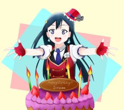 Rule 34 | 1girl, artist name, artist request, black hair, blue hair, blush, breasts, cake, candle, chase (love live!), collared shirt, dark blue hair, dress shirt, earrings, female focus, fingerless gloves, food, gloves, grey eyes, hair ornament, hairclip, half gloves, hat, highres, jewelry, long hair, looking at viewer, love live!, love live! nijigasaki high school idol club, love live! school idol festival, mini hat, mini top hat, necktie, parted lips, ponytail, puffy short sleeves, puffy sleeves, purple neckwear, red gloves, red hat, red shirt, red vest, ribbon, shirt, short sleeves, side ponytail, small breasts, smile, solo, suspenders, top hat, triangle earrings, upper body, vest, white background, wing collar, yuki setsuna (love live!)