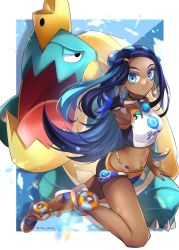 Rule 34 | 1girl, armpits, asymmetrical gloves, belly chain, bikini, bikini shorts, black gloves, blue eyes, blue gloves, blue hair, creatures (company), dark-skinned female, dark skin, drednaw, earrings, floating hair, game freak, gen 8 pokemon, gloves, highres, jewelry, long hair, looking at viewer, makeup, mascara, midriff, multicolored hair, navel, nessa (pokemon), nintendo, outstretched arm, outstretched hand, parted lips, poke ball print, pokemon, pokemon (creature), pokemon swsh, print shorts, shorts, single glove, sports bikini, stomach, swimsuit, twitter username, two-tone gloves, two-tone hair, very long hair, yomogi (black-elf)