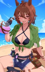 Rule 34 | 1girl, absurdres, agnes tachyon (lunatic lab) (umamusume), agnes tachyon (umamusume), animal ears, ankle belt, beach, belt, belt pouch, bikini, black belt, black bikini, black footwear, black gloves, blue shorts, breast pocket, breasts, brown eyes, brown hair, canister, cleavage, collarbone, commentary, creature, criss-cross halter, ear ornament, flask, gloves, green jacket, hair between eyes, halterneck, highres, holding, holding flask, horse ears, horse girl, horse tail, jacket, kii-kun (agnes tachyon) (umamusume), large breasts, looking at viewer, mandrake, micro shorts, midriff, nagaburo imoni, navel, ocean, official alternate costume, official alternate hairstyle, open clothes, open mouth, open shorts, outdoors, pocket, pouch, round-bottom flask, short hair, shorts, single glove, sitting, sky, solo, solo focus, sweat, sweatdrop, swimsuit, tail, tied jacket, toned, tongue, tongue out, torn clothes, torn shorts, umamusume