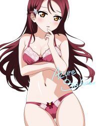 Rule 34 | 1girl, absurdres, artist name, azuresakura, blush, bow, bow bra, bow panties, bra, breasts, cleavage, commentary, cowboy shot, crotch seam, finger to mouth, hair ornament, half-closed eyes, highres, light frown, looking at viewer, love live!, love live! sunshine!!, medium breasts, navel, orange eyes, panties, parted lips, red bra, red hair, red panties, sakurauchi riko, signature, simple background, solo, standing, star (symbol), star hair ornament, thigh gap, underwear, underwear only, white background