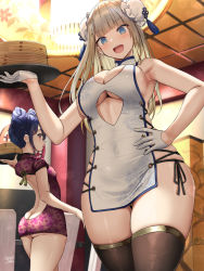 Rule 34 | 2girls, :d, ass, back, bamboo steamer, bare shoulders, blonde hair, blue eyes, blue hair, blush, breasts, brown eyes, bun cover, butt crack, china dress, china dress girl (oekakizuki), chinese clothes, cleavage, clothing cutout, collarbone, covered navel, double bun, dress, gloves, gluteal fold, hair bun, highres, large breasts, long hair, looking at viewer, mole, mole on breast, multiple girls, oekakizuki, open mouth, original, pelvic curtain, purple dress, red eyes, short dress, side slit, sideboob, small breasts, smile, thighhighs, thighs, underboob, underboob cutout, white dress, white gloves