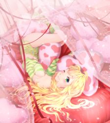 Rule 34 | 1girl, arm warmers, bare shoulders, blonde hair, blush, breast press, breasts, camisole, curtains, green eyes, hakkaku shikimi, heart, heart-shaped pillow, heart print, hoshii miki, hugging object, idolmaster, idolmaster (classic), long hair, looking at viewer, lying, midriff, navel, on back, on bed, on side, one eye closed, pajamas, pillow, pillow hug, sideboob, smile, socks, solo, striped clothes, striped socks