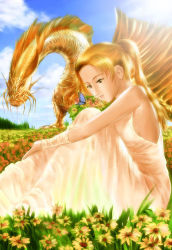Rule 34 | blonde hair, bug, butterfly, d&amp;d, dragon, dungeons &amp; dragons, field, flower, gold dragon, golden dragon, bug, lowres, ponytail, s zenith lee, yellow eyes