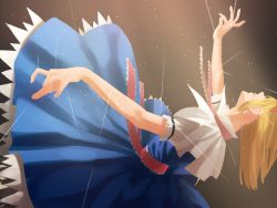 Rule 34 | 1girl, alice margatroid, amino (tn7135), bad id, bad pixiv id, blonde hair, blue dress, capelet, covered eyes, dark, dress, hairband, hanging, light, light particles, nose, parted lips, ribbon, short hair, short sleeves, sidelocks, solo, suspension, thread, touhou