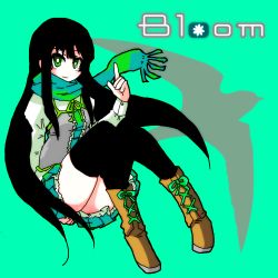 Rule 34 | 1girl, arm up, bad id, bad pixiv id, bird, black hair, black socks, black thighhighs, boots, cross-laced footwear, frilled skirt, frills, green eyes, grin, kneehighs, lace-up boots, long hair, lowres, ngayope, no nose, original, pleated skirt, pointing, ribbon, scarf, shadow, sitting, skirt, smile, socks, solo, thighhighs
