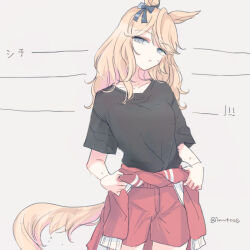 Rule 34 | 1girl, animal ears, black shirt, blonde hair, blue eyes, breasts, closed mouth, clothes around waist, cowboy shot, ear ornament, frown, gold city (umamusume), grey hair, half-closed eyes, horse ears, horse girl, horse tail, inutose, long hair, looking at viewer, red shorts, shirt, short sleeves, shorts, simple background, small breasts, solo, standing, sweatdrop, tail, twitter username, umamusume