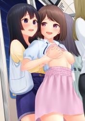 Rule 34 | 2girls, arm grab, bag, black hair, blush, breasts, brown hair, chijo, chikan, clothes, female pervert, from behind, grabbing, grabbing another&#039;s breast, grabbing from behind, highres, medium breasts, multiple girls, on vehicle, open clothes, open mouth, original, pervert, purple eyes, shoulder bag, train, train interior, vehicle, yoyomura, yuri