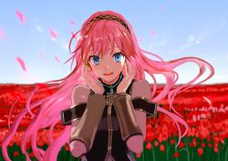 Rule 34 | 1girl, absurdres, arms up, blue eyes, blue sky, blurry, bob (biyonbiyon), commentary, day, depth of field, detached sleeves, field, flower, flower field, hairband, headphones, highres, long hair, looking at viewer, megurine luka, open mouth, petals, pink hair, sky, solo, very long hair, vocaloid