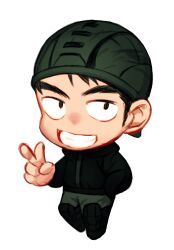 Rule 34 | 1boy, :d, aikawa (dorohedoro), backwards hat, black hair, chibi, dorohedoro, full body, hand in pocket, hat, looking at viewer, male focus, mt-pppp, open mouth, smile, solo, standing, thick eyebrows, transparent background, v