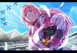 Rule 34 | 1girl, absurdres, aircraft, airplane, blue eyes, blue sky, character name, contrail, copyright name, eyelashes, falling feathers, feathers, grin, helmet, highres, holding, holding helmet, hololive, jet, kurita shin&#039;ichi, letterboxed, long hair, looking at viewer, motorcycle helmet, pink hair, racing suit, sky, smile, solo, stadium, takane lui, virtual youtuber