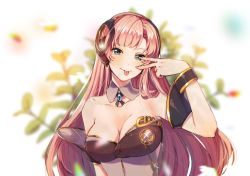 Rule 34 | 1girl, :p, armband, blurry, blurry background, breasts, collarbone, commentary, detached collar, dress, floral background, gold trim, large breasts, long hair, looking at viewer, megurine luka, megurine luka (vocaloid4), pink hair, plant, solo, strapless, strapless dress, tongue, tongue out, upper body, v, v over eye, very long hair, vocaloid, white background, wrist cuffs, yen-mi