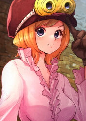 Rule 34 | 1girl, aosora2823, blush, breasts, brick wall, brown gloves, cabbie hat, gloves, goggles, goggles on head, hat, highres, koala (one piece), long sleeves, medium breasts, one piece, orange hair, pink shirt, shirt, short hair, smile, solo, upper body
