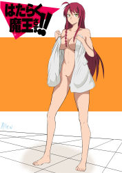 Rule 34 | 1girl, absurdres, alternate breast size, barefoot, bodypaint, breasts, censored, female focus, green eyes, hataraku maou-sama!, highres, large breasts, long hair, naked towel, red hair, solo, towel, very long hair, yusa emi