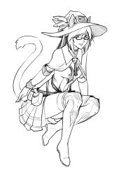 Rule 34 | 1girl, absurdres, animal ears, warrior of light (ff14), boots, capelet, cat ears, cat tail, commission, ears through headwear, elbow gloves, final fantasy, final fantasy xiv, full body, glasses, gloves, greyscale, hat, hat belt, hat feather, highres, less, looking at viewer, monochrome, original, parted lips, pleated skirt, pouch, semi-rimless eyewear, short hair, simple background, sitting, skirt, skull, smile, solo, tail, tharkis, thigh boots, thighhighs, under-rim eyewear, white background, witch hat