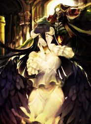 Rule 34 | 1boy, 1girl, ainz ooal gown, albedo (overlord), black hair, black wings, breasts, demon girl, demon horns, demon wings, detached collar, dress, feathered wings, feathers, gloves, hair between eyes, hands on own face, highres, hip vent, hood, horns, large breasts, lich, long hair, low wings, mozuyun, overlord (maruyama), skeleton, skull, slit pupils, smile, standing, white dress, white gloves, wings, yellow eyes