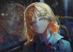 Rule 34 | 1girl, blonde hair, blue eyes, closed mouth, coat, collared shirt, hair ornament, hololive, hololive english, messy hair, necktie, quasarcake, red necktie, reflection, shirt, sitting, solo, virtual youtuber, water drop, watson amelia, watson amelia (1st costume), window