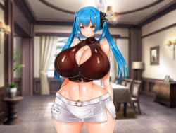 Rule 34 | 1girl, amane shion, bare shoulders, blue hair, blurry, blurry background, blush, breasts, cleavage, crop top, curvy, eight world, huge breasts, living room, long hair, looking at viewer, navel, shiny clothes, shiny skin, shirt, solo, thick thighs, thigh gap, thighs, twintails, white shirt, wide hips, yellow eyes