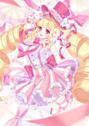 Rule 34 | 1girl, blonde hair, blush, bow, candy, elbow gloves, fangs, food, gloves, hat, heart, highres, holding, holding candy, holding food, holding lollipop, kan (rainconan), lollipop, open mouth, original, pink bow, pink eyes, pink hat, pink ribbon, pink thighhighs, ribbon, smile, solo, striped clothes, striped thighhighs, teeth, thighhighs, top hat, white gloves