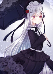Rule 34 | 1girl, absurdres, animal ear fluff, animal ears, bad id, bad pixiv id, black bow, black dress, black ribbon, blush, bow, cat ears, cat girl, closed mouth, dress, flower, frilled dress, frills, from side, gradient background, grey background, hair flower, hair ornament, hairclip, highres, holding, holding umbrella, layered dress, lolita fashion, long sleeves, looking at viewer, looking to the side, neck ribbon, okiq, original, parasol, red eyes, red flower, red rose, ribbon, rose, silver hair, straight hair, umbrella, x hair ornament