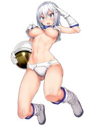 Rule 34 | 1girl, areola slip, arisou de nasa sou, belka object, blue eyes, blush, boots, breasts, full body, gloves, gluteal fold, hair between eyes, helmet, highres, hiiragi yuuichi, jumping, knee boots, large breasts, looking at viewer, navel, no bra, open mouth, original, salute, silver hair, simple background, solo, sweatdrop, underboob, wardrobe malfunction, white background, white gloves