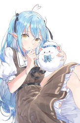 Rule 34 | 12 graka, 1girl, absurdres, ahoge, black ribbon, blue hair, bracelet, brown dress, dress, hair ribbon, heart, heart ahoge, highres, hololive, jewelry, long hair, looking at viewer, pointy ears, ribbon, short sleeves, sidelocks, simple background, sitting, solo, virtual youtuber, white background, yellow eyes, yukihana lamy, yukihana lamy (casual), yukimin (yukihana lamy)