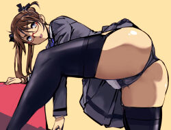 Rule 34 | 1girl, ass, black panties, black ribbon, black thighhighs, blue eyes, blue necktie, brown hair, commentary request, garter straps, glasses, grey skirt, gun girl (kamisimo 90), hair ribbon, jacket, kamisimo 90, leaning forward, long sleeves, looking at viewer, necktie, open mouth, original, panties, presenting, ribbon, shirt, short twintails, skirt, smile, spread legs, thighhighs, twintails, underwear, uniform, white shirt