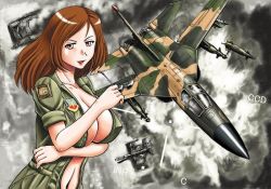 Rule 34 | 1girl, aircraft, airplane, battle, breast hold, breasts, brown eyes, brown hair, covered erect nipples, destruction, unworn eyewear, fighter jet, holding, holding removed eyewear, jet, large breasts, lips, long hair, mc axis, military, military vehicle, missile, motor vehicle, navel, no bra, pilot suit, sao satoru, sleeves rolled up, smile, smoke, solo, sunglasses, tank, unzipped, vehicle, vehicle focus