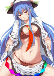 Rule 34 | 1girl, blue hair, blush, bra, breasts, female focus, food, frilled bra, frilled panties, frills, fruit, hat, hinanawi tenshi, large breasts, long hair, looking at viewer, midriff, naughty face, navel, neckerchief, neropaso, open clothes, open shirt, panties, peach, red bra, red eyes, red panties, shirt, solo, string panties, touhou, underwear, very long hair